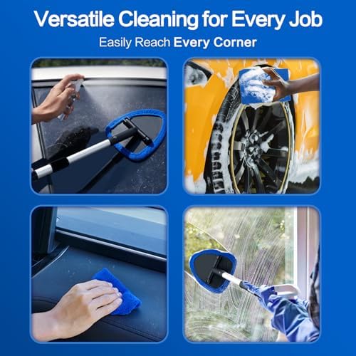 Windshield Cleaner Tool 22.5" L - Car Interior&Exterior Window Cleaning Kit with Extendable Handle&4 Microfiber Pads and Thick Large Wash Sponge, Auto Glass Wiper Brush Kit for Cars Home (7pcs Blue)
