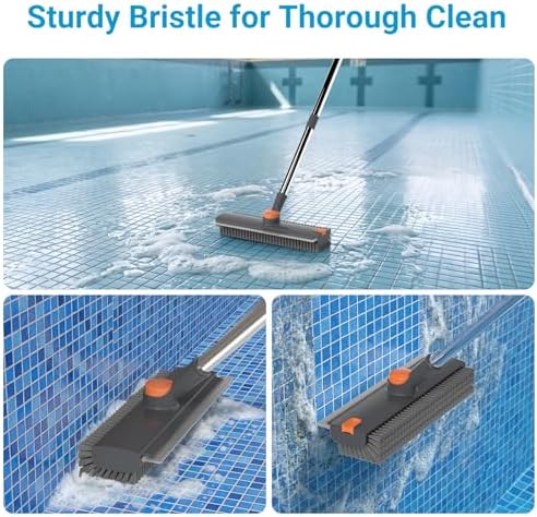 3 in 1 Floor Scrub Brush with 52" Long Handle, Heavy-Duty Stiff 90° Bristle Floor Scrubber, Shower Scrubber with Squeeze, Cleaning Brush for Bathroom Pool Garage Glass Tile Concrete Gray