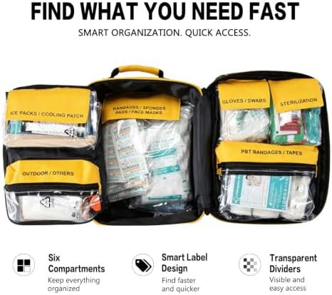 520 Piece All-in-One First Aid Kit, Emergency Storage Bag with Transparent Labeled Pockets, Durable 1000D Polyester Outdoor Gear for Vehicle Camping Backpacking Hiking Home Road Trip