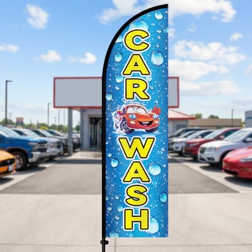 Double Sided Car Wash Feather Flag with Pole Kit, 8FT Outdoor Car Wash Advertising Flag Set with Durable Polyester, High Visibility Sign for Auto Wash, Detailing Shop, Roadside Promotion
