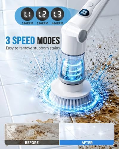 Electric Spin Scrubber, Cordless Shower Scrubber Brush with 8 Heads