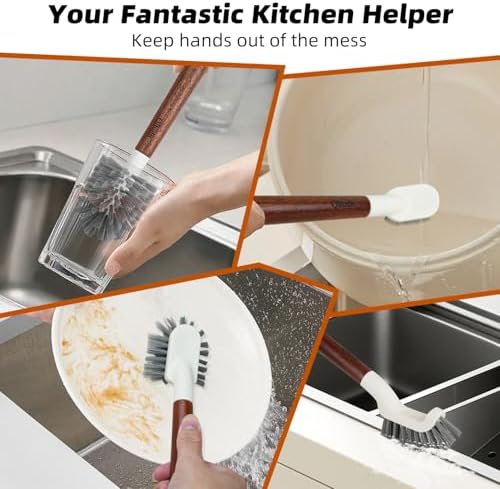 4-Pack Heavy Duty Scrub Brushes with 11" Sapele Wood Handle – PBT Bristles & TPR Loop – Kitchen, Bathroom, Grout, Dish & Tile Cleaner – Durable Non-Slip Multi-Surface Cleaning Brush Set