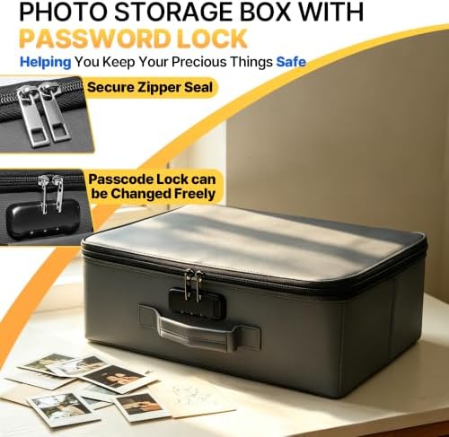Photo Storage Box with 18 Inner Photo Case, Photo Organizer Box with Lock, PU Storage Containers with Handles & Lid, Keepsake Box for Home, Office, Travel, Pictures & Memories Storage Cards, Grey