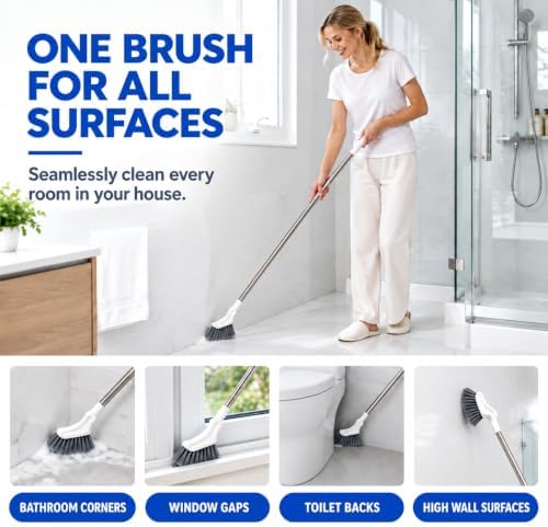 Telescopic Cleaning Brush, Multifunctional Extendable Long Handle Floor Scrub Brush, Curved Toilet Brush Head, Detachable Bathroom Cleaning Brush, 15.16"-45.28" Stainless Steel Handle(2PCS