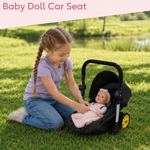 Baby Doll Car Seat Stroller Combo – Convertible 2 in 1 Doll Stroller and Car Seat for Kids – Fits Up to 20” Dolls – Play Toy Baby Stroller with Adjustable Handle for Girls (Black)