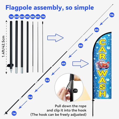 Double Sided Car Wash Feather Flag with Pole Kit, 8FT Outdoor Car Wash Advertising Flag Set with Durable Polyester, High Visibility Sign for Auto Wash, Detailing Shop, Roadside Promotion