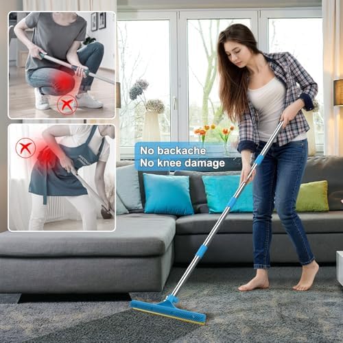 Carpet Rake for Pet Hair Removal, Reusable Pet Hair Remover Broom, 60'' Adjustable Long Handle Dog and Cat Hair Remover Tool Set of 3, Lint Remover Scraper for Carpets, Rugs, Mats, Couch, Car