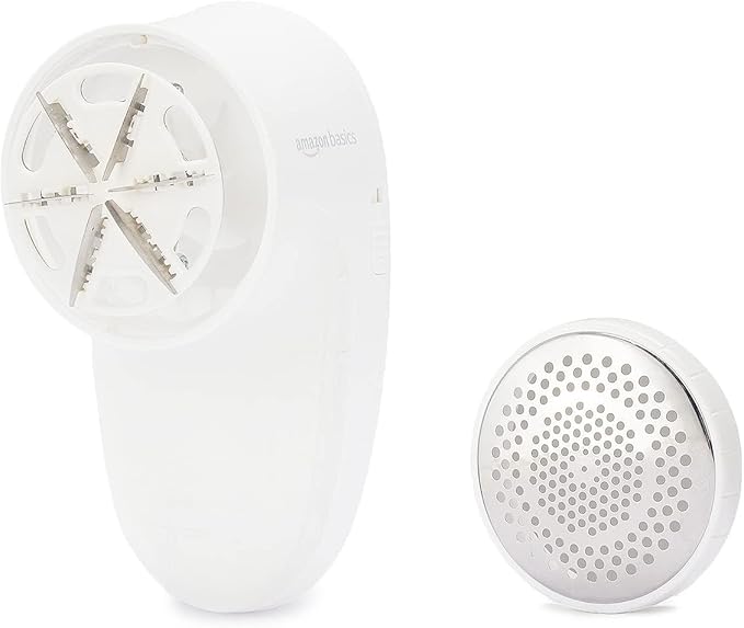 Amazon Basics Battery Operated Fabric Shaver for Clothes, Remove Pilling, Lint and Fuzz Removal, 6-Leaf Blades with Safety Lock, Portable, Includes 2 Spare Blades, White