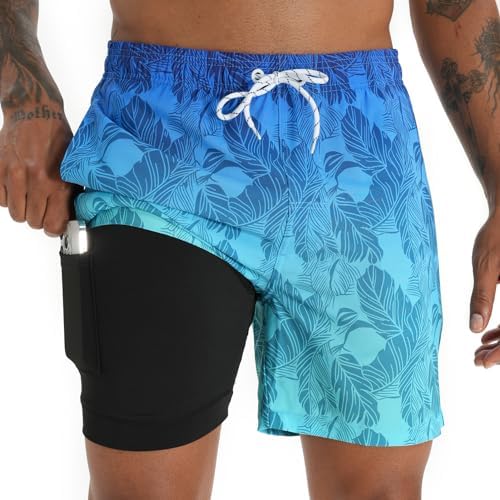 Mens Swim Trunks with Compression Liner 5.5" Inseam Shorts Bathing Suit Quick Dry Swimsuit
