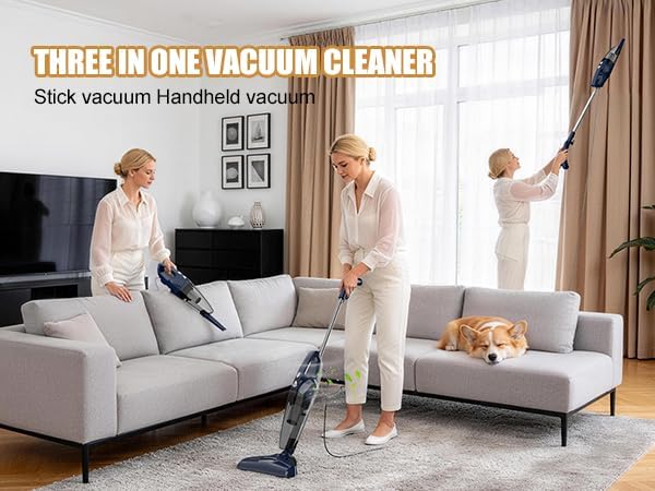 Corded Stick Vacuum for Pet Hair & Hard Floors - Lightweight, 3-in-1 Handheld with 180°Left-Right Steering, 14KPA Powerful Suction on Low-Pile Carpet, HEPA Filter, 16.4ft Cord, 0.7L Capacity (VA001)