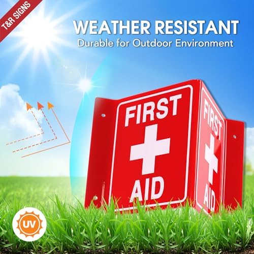 First Aid Sign, First Aid with Cross Symbol - 4 Pack - 8 x 6 Inches Acrylic, 4 pre-drilled holes, Includes Matching Screws, Use for Office/Business