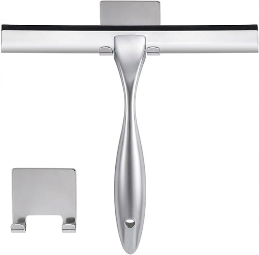 NETANY Shower Squeegee, 12-Inch Silver Squeegee, All-Purpose Stainless Steel Squeegee for Bathroom, Shower Doors, Mirrors, Tiles and Car Windows - 100% Streak Free