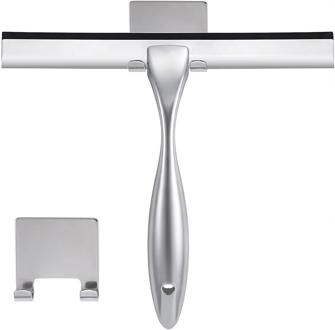 NETANY Shower Squeegee, 14-Inch Silver Squeegee, All-Purpose Stainless Steel Squeegee for Bathroom, Shower Doors, Mirrors, Tiles and Car Windows - 100% Streak Free