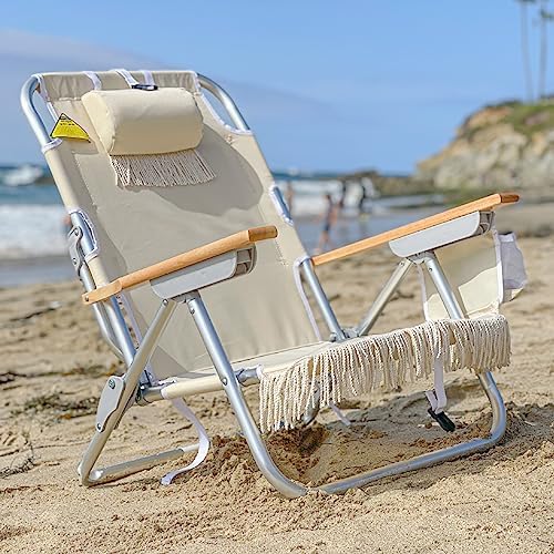 EasyGo Product Tassel Backpack Beach Chair 5 Positions and Cup Holder Pouch on Side-Padded Pillow-Storage Bag on Back – Lightweight Rustproof Aluminum – Black Frame, 2 Pack TAN