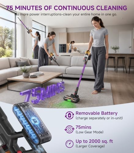 Cordless Vacuum Cleaner, 750W 70KPA Vacuum Cleaners for Home, 75Mins Stick Vacuum Cordless Rechargeable with Anti-Tangle, 8-in-1 Lightweight Wireless Vacuum for Pet Hair Hardwood Floors Carpet