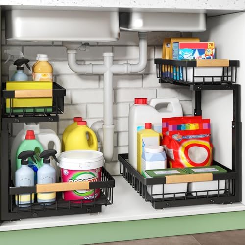 Under Sink Organizer, Thickened L-Shaped 2 Tier Pull Out Cabinet Storage