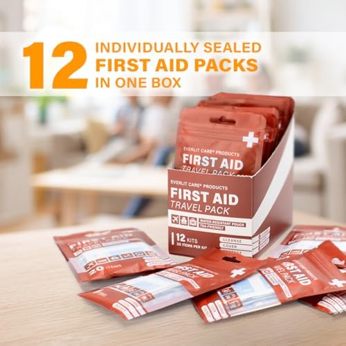 Travel Bandage Pack | 12 Individual Packets, Bulk Portable Mini First Aid Kit with 20 On-the-Go Essentials | Compact Water-Resistant Reusable Pouch to Clean, Cover & Protect
