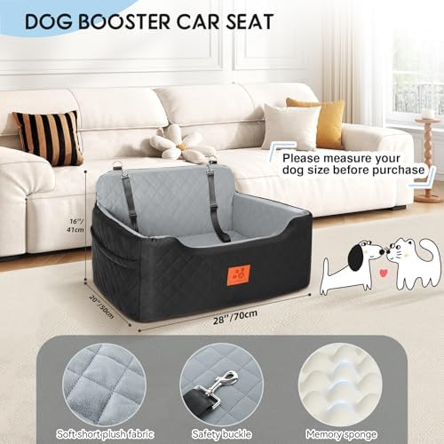Dog Car Seat for Medium/Large Dogs,Pet Booster Car Seats for Under 50lbs or 2 Small Dogs, Detachable and Washable Pet Bed,Multi-Functional Travel Dog Bed(Black/Grey)