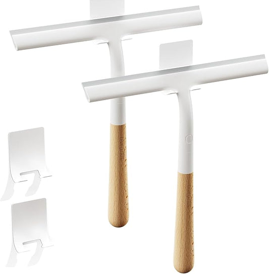 Shower Squeegee for Glass Doors, Streak-Free Silicone Window Cleaner with Detachable Wood Handle & Hook, Rust-Proof Bathroom Squeegee for Mirror, Tile Wall, Car Windshield, 10 Inch White