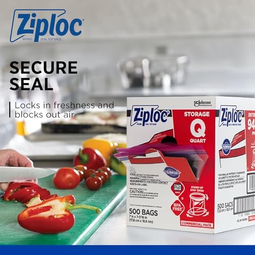Ziploc Storage Bags, For Food Organization and Storage, Double Zipper Seal, Easy-Open Tabs Quart, 500 Count