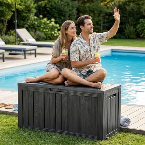 135 Gallon Deck Boxes Outdoor Waterproof Storage Box with Wheels