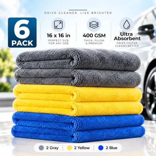 Microfiber Towels, Gray Yellow Blue, 6 Pack, 16 x 16 in