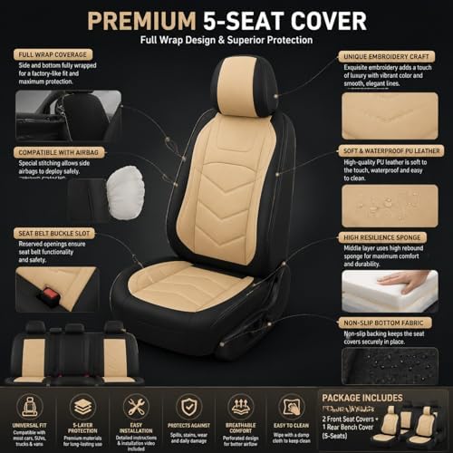Car Seat Covers Full Set 5 Seats, Leather Car Seat Cover, Car Seat Cushion Waterproof, Front Seats Back Seat Covers, Car Seat Protector Universal Fit Trucks Vans SUVs Sedans Most Cars Black&Tan