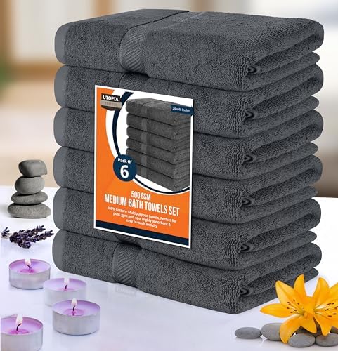 6 Pack Medium Bath Towels, 24x48 in, 100% Cotton, Grey