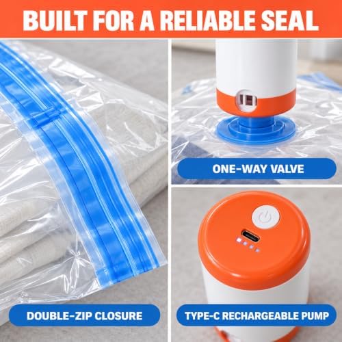 ShrinQing 12PCS Vacuum Storage Bags - with Rechargeable Electric Pump – Compression Vacuum Seal Bags for Travel, Luggage & Closet Organization – Space Saver Bags Set, 3 Sizes – Airtight, Reusable