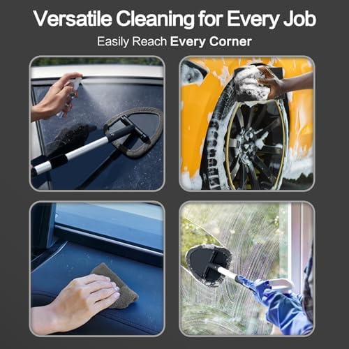 Windshield Cleaner Tool 22.5" L - Car Interior&Exterior Window Cleaning Kit with Extendable Handle&4 Microfiber Pads and Thick Large Wash Sponge, Auto Glass Wiper Brush Kit for Cars Home (7pcs Grey)
