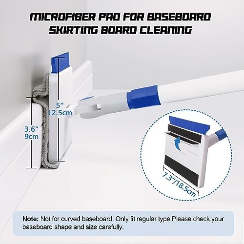 Baseboard Cleaner Tool with Handle, Wall Floor Mop with Extendable Long Handle Duster for Cleaning Window, Floor, Skirting Board, Ceiling, Shower, Tub Tile, Kitchen with 6 Reusable Pads