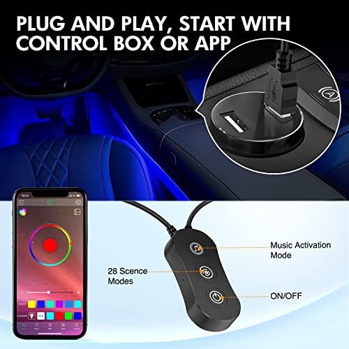 4PCS USB Car Interior Neon Accent Lights RGB App and Button Control