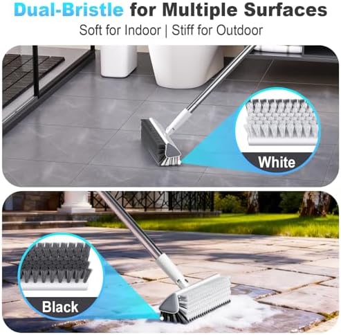 Floor Scrub Brush with Long Handle, Heavy-Duty Stiff Bristles, V-Shape Floor Scrubber Brush for Tile, Concrete & Grout Lines, Stand-Up Cleaning for Garage, Bathroom, Deck & Patio
