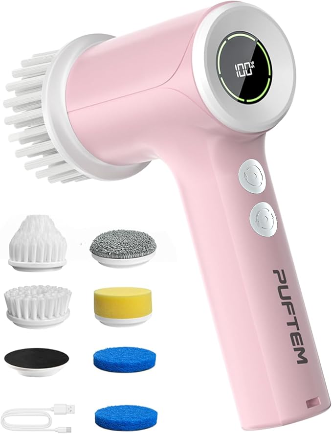PUFTEM Electric Spin Scrubber for Bathroom Cleaning, Cordless Shower Scrubber with 6 Brush Heads, Dual-Direction Rotation, Handheld Cleaning Brush for Grout, Tile, Tub, Sink & Corners, Pink