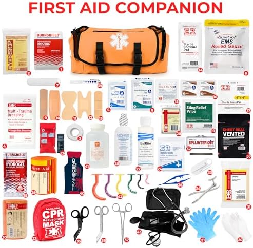 Fully Stocked EMT Trauma Bag – Tactical First Responder Medical Kit with Tourniquet, Chest Seals, Bleeding Control, Gauze, Shears & Bandages – Orange