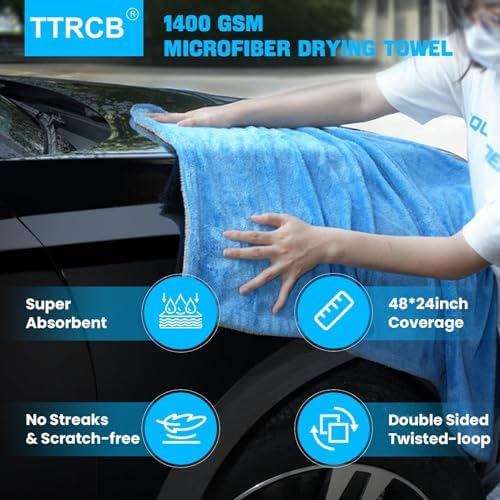 2 Pack Car Drying Towels (48" x 24"), Extra Large Microfiber Towels for Cars, 1400 GSM Ultra-Absorbent, Streak Free, Double Twisted-Loop Drying Towels Car Detailing for SUV, RV, Trucks