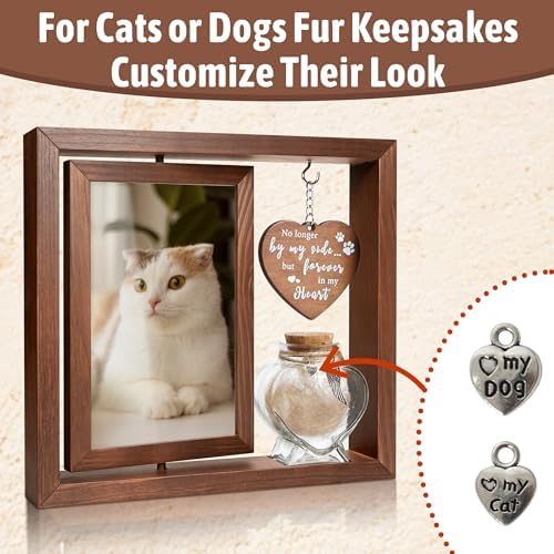 Dog Memorial Gifts for Loss of Pet - Rotating Wooden Frame for 4x6 Photo & Fur Hair Jar - Sympathy Gift for Pet Bereavement, Remembrance Keepsake - Rainbow Bridge Gift for Dog Lovers & Cat Lovers