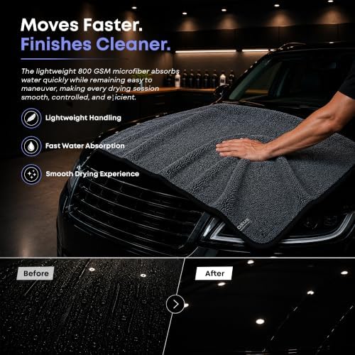 800 GSM Microfiber Car Drying Towel – Twisted Loop, 24x36 Inch, Swirl-Free, Lightweight, Ceramic Coating & PPF Safe