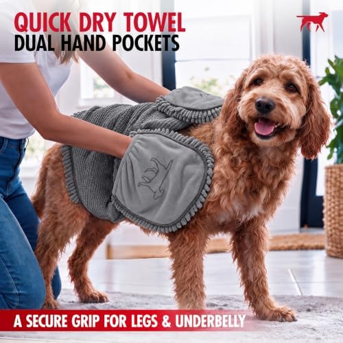 Quick Dry Towel for Dogs | Ultra Absorbent Microfiber Shammy | Extra Large 35x15 Size Dog Bath Towel | Comfortable Hand Pockets | Indoor Outdoor Use | Durable Material | Machine Washable
