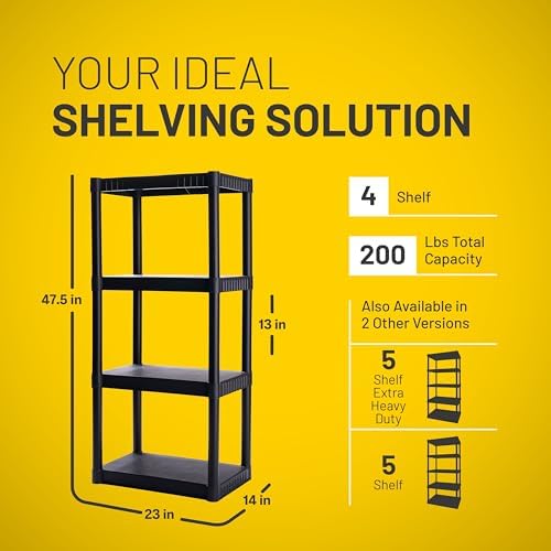 4-Shelf Plastic Storage Shelves, 48” x 23” x 14”, 200lb Capacity, Pantry, Office, Closet and Garage Shelves, Easy to Assemble, Durable Plastic Shelving Unit