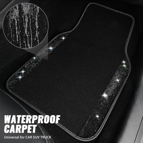 Bling Diamond Leather Steering Wheel Cover 14.5in-15in Floor Mats Shining Rhinestone Carpet Sparkly Glitter Crystal Anti-Slip Pad Fit Automotive SUV Pickup Truck Girl Women, 5pcs Black