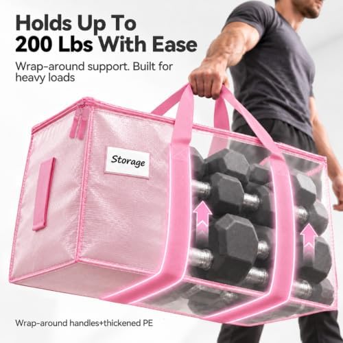 8 Pack 24 Gal Heavy Duty Moving Bags, Extra Large Storage Totes Zipper, Reinforced Handles, Label Window, Pink, Reusable Tote (Pink, 8 Pack)