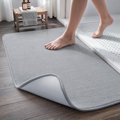Super Absorbent Bath Mat, Low-Profile Bathroom Rug, Breathable Quick Dry Bathroom Mats for Floor, Machine Washable Thin Bath Rug for in Front of Sink Bathtub,Outside Shower,Grey, 20"x31"