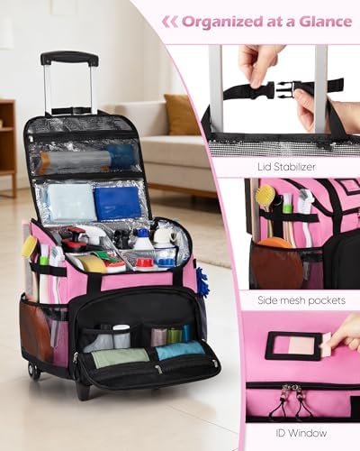 Large Rolling Cleaning Caddy Bag with Detachable Trolley, Pink