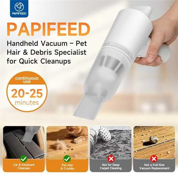 PAPIFEED Handheld Vacuum Cordless for Pet Hair, Portable Mini Vacuum with Static Hair Collector for Home, Dual-Layer Stainless Steel Filter, Dual Filte, USB-C Rechargeable Lightweight Vacuum (White)