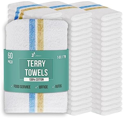 Terry Towels 14" x 17" 60 Pack - Cotton Bar Towels, Cleaning Rags, White Terry Cloth Towels, Absorbent Kitchen Towels for Restaurant, Food Service and Home Use (Blue & Orange Stripe)
