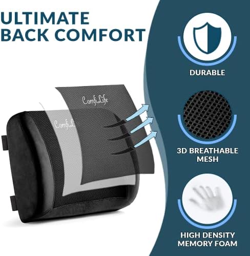 Lumbar Support Back Pillow Office Chair and Car Seat Cushion - Memory Foam with Adjustable Strap and Breathable 3D Mesh (Black)