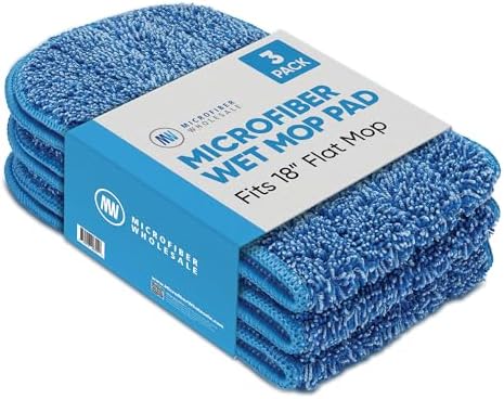 18 inch Microfiber Mop Pads - Machine Washable, Reusable, Refills & Replacement Wet Mop Heads Compatible with Any Microfiber Flat Mop System (3 Pack)
