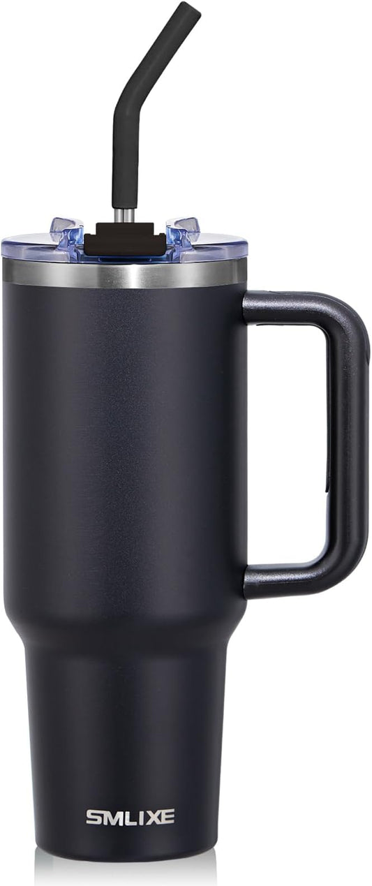 40 oz Tumbler with Handle and Straw Lid,Insulated Reusable Stainless Steel Water Bottle Travel Mug，Cupholder Friendly Double Wall Vacuum Sealed Cup (Black)