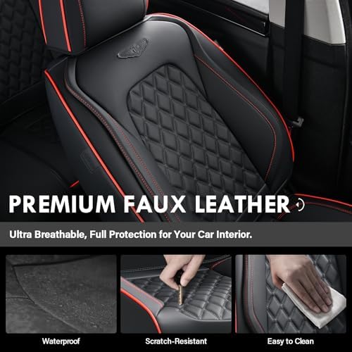 Full Set Car Seat Covers, Luxury Faux Leather Waterproof Seat Covers, 5-Seat Universal Fit, Front & Back Car Seat Protectors,Leather Seat Covers for Most Cars-Black & Red Line